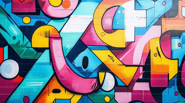 Colorful graffiti wall with soft gradients, blending pastel colors with street art symbols and abstract patterns