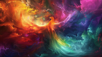 Vibrant Phoenix Rising in a Swirling Cosmic Nebula of Colors