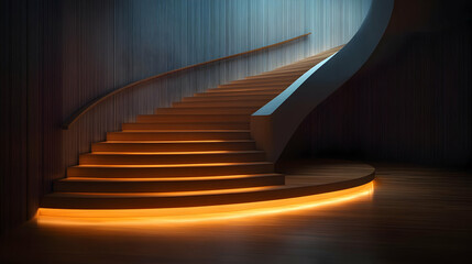 Obraz premium Illuminated Wooden Staircase with Curved Wall in Modern Interior Design