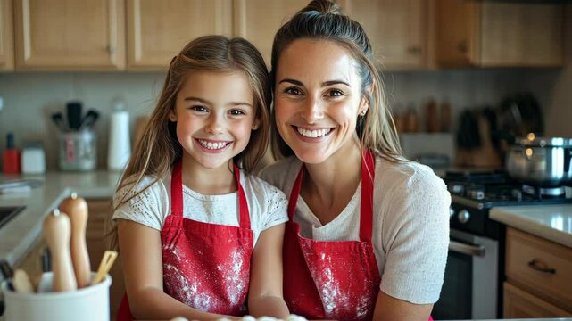 A mother and her daughter smile while wearing red aprons in the kitchen