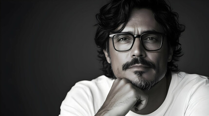 Obraz premium Serious Man In Glasses Rests Chin On Hand Against Dark Background