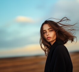 Fototapeta premium woman long hair standing field gorgeous strong wind city bust neck wherever near sea short haircut