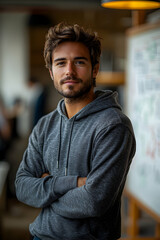 Portrait of a young male tech startup founder in a casual hoodie and jeans, standing in a brightly lit modern office, with a whiteboard behind him covered in business strategies and software