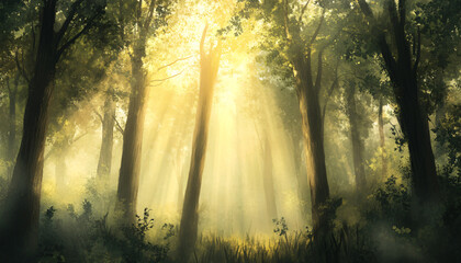Obraz premium Tall, misty trees with sunlight streaming through the branches, creating a magical and mysterious forest atmosphere