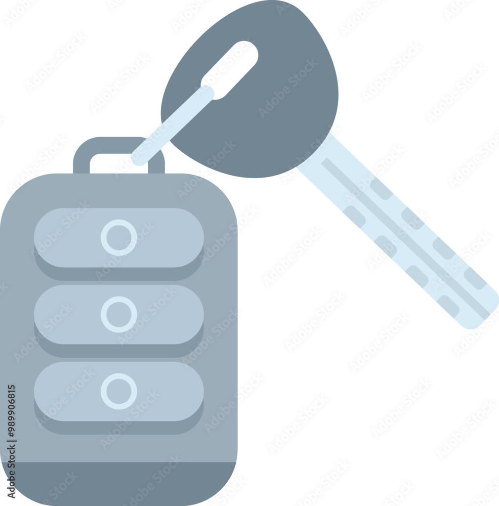 Poster grey car key fob with remote control lock and unlock buttons is depicted on white background