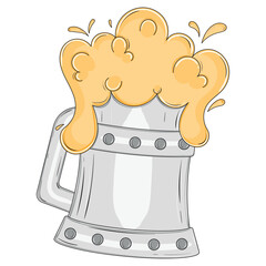 Metal beer mug with overflowing foam and rivets, Vector