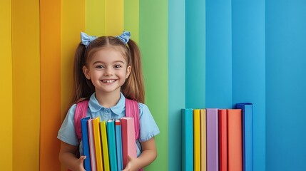 cheerful schoolgirl portrait holding colorful class books, back to school excitement captured with a happy student ready for education, showing joy and eagerness in the classroom environment