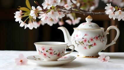 Charming porcelain tea set adorned with floral patterns, accompanied by a steaming cup of tea and delicate cherry blossoms on a pristine white tablecloth