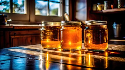 Three honey jars resting on rustic kitchen table in morning sun