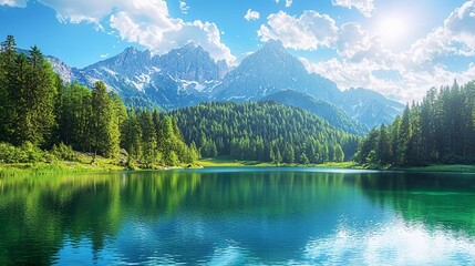 Fototapeta premium Colorful summer view of Fusine lake. Bright morning scene of Julian Alps with Mangart peak on background, beautiful Province of Udine, Italy