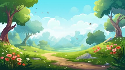 Fototapeta premium A Sunny Forest Path with Butterflies and Flowers