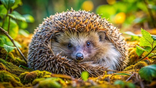 Fearful hedgehog curled up in a ball, showcasing its defensive posture in a natural setting