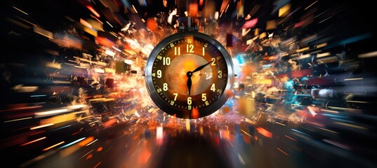 A clock surrounded by bursts of color showcasing the concept of time and motion in a dynamic way