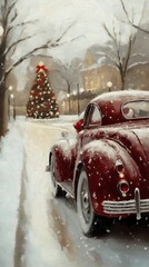 red car driving down snowy street tree background furry matte oil inspiring wall mobile design vine stunningly
