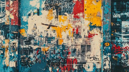 Graffiti wall with detailed urban landscapes, street art depicting city scenes