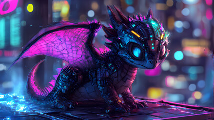 A futuristic, cute dragon with glowing features in a vibrant, neon cityscape.