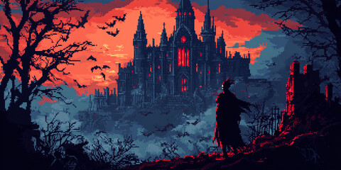 Mysterious halloween artwork of a vampir standing in front of haunted castle, pixel art artwork