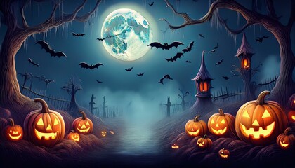 Fototapeta premium ハロウィン かぼちゃ イベント 秋 10月 ワクワク 楽しい 不気味 オレンジ パープル パステル かわいい レトロ 夜 オレンジ 暗い 笑顔 猫 物語 森