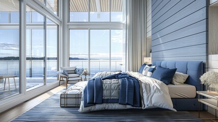 beautiful waterfront condo bedroom with blue colors throw pillows blanket bed against a shiplap wall and floor to ceiling windows showing an expansive view of the pacific ocean in pacific northwest