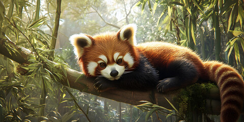 Obraz premium Vibrant red panda resting in bamboo forest
