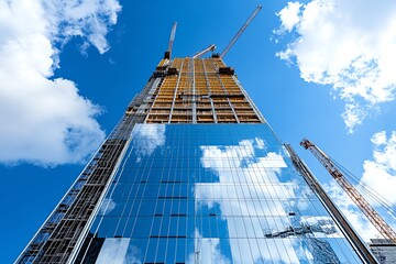 A newly constructed skyscraper reflecting the sky, with cranes and scaffolding still visible as the final touches are made