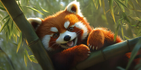 Vibrant red panda in serene bamboo setting
