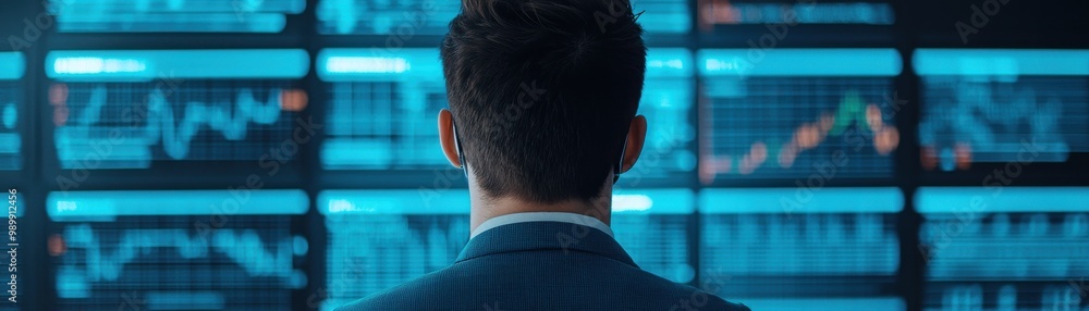 Poster a professional observes data analytics on a digital screen, emphasizing modern technology in finance