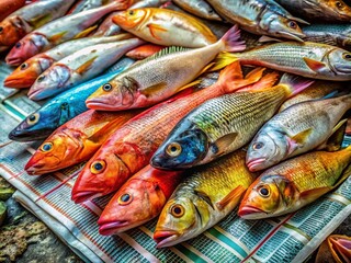 Freshly Caught Fish Displayed on Newspaper for Sale at Local Market with Textured Background