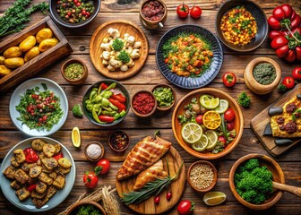 Fototapeta premium Freshly made delicious gourmet meals arranged beautifully on a wooden table for a culinary feast