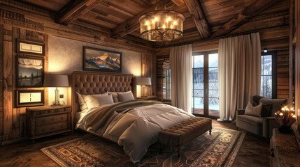 Bedroom interior decorated in rustic style with wooden ceiling and lamps illuminating the room