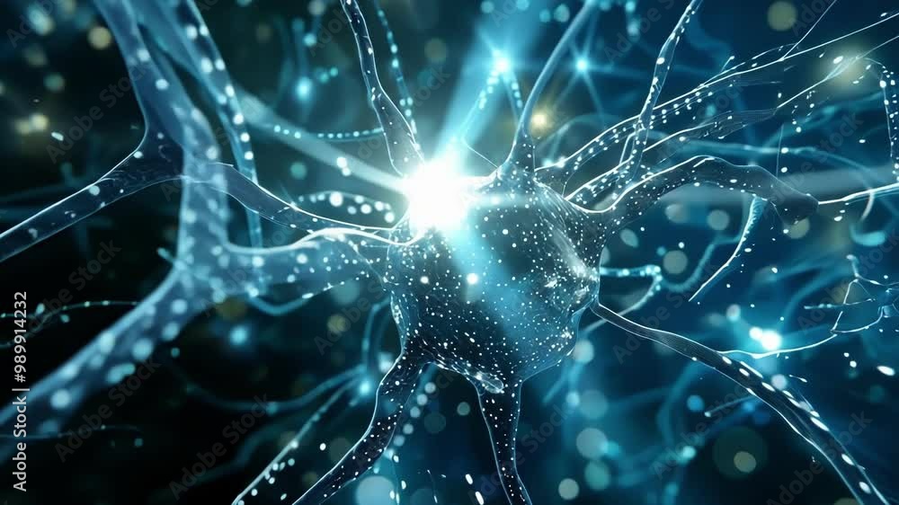 Poster 3d illustration of active neurons firing and communicating with each other through axons and dendrit
