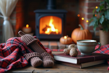 Cozy autumn scene with warm socks, a cup of tea, and pumpkins near a fireplace.