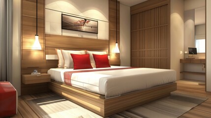 bedroom interior design modern style with white mattress and red pillow and wooden headboard