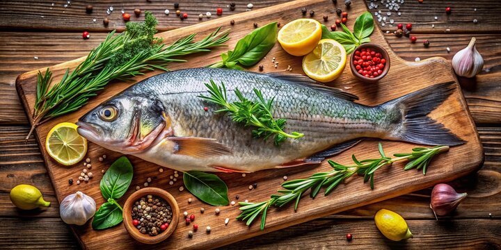 Fresh Tuyo Fish Ready for Cooking, Displayed on a Rustic Wooden Cutting Board with Herbs