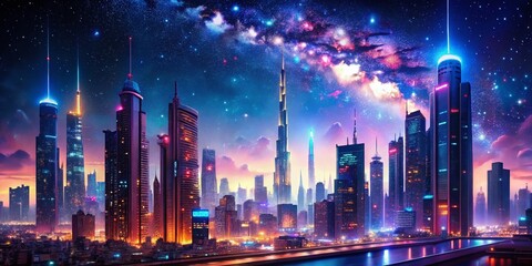Fototapeta premium Futuristic Cyberpunk Landscape with Neon Lights and Skyscrapers Under a Starry Night Sky