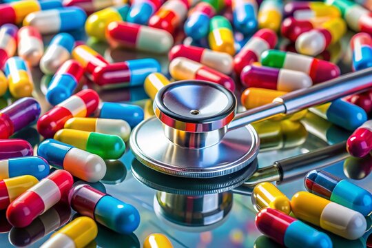 Furosemide medication capsules and tablets on a reflective surface with a stethoscope and syringe