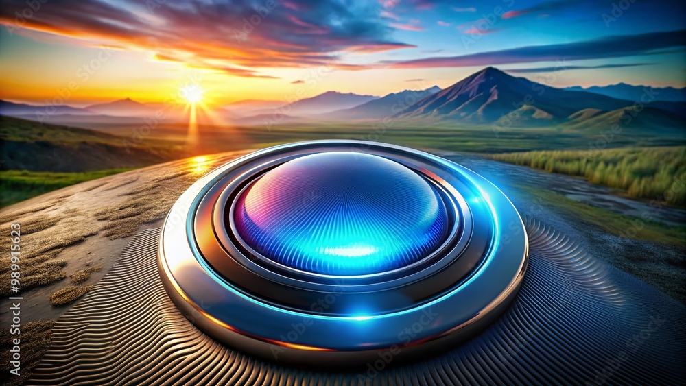 Poster futuristic glowing button with sleek design and illuminated edges on a modern technology background