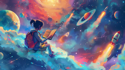 Naklejka premium Imaginative scene of a young girl reading in space surrounded by planets and rockets