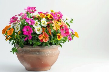 Vibrant and colorful potted flowers arranged beautifully in a ceramic pot against a white background.