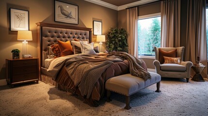 Bedroom interior with carpet floor, armchair and brown bedding. Northwest, USA