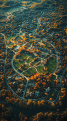 Aerial view of a small town surrounded by lush green trees.