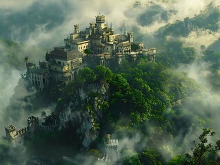 A majestic castle perched on a misty mountain, surrounded by lush greenery and clouds.