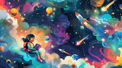 Imaginative scene of a young girl reading in space surrounded by planets and rockets