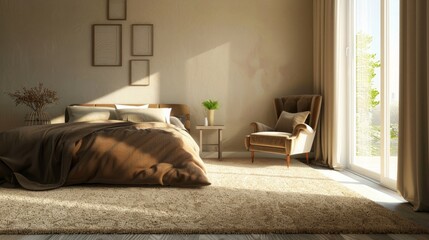 Bedroom interior with carpet floor, armchair and brown bedding. Northwest, USA