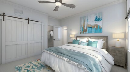 bedroom interior with white walls large bed staged with aqua and blue colors view to bathroom and barn door a walk in closet carpeted room interior