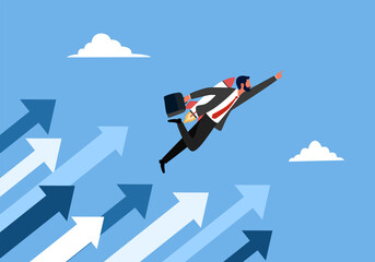 Businessman flying up with a rocket engine to the success. New business launch. Leadership man.