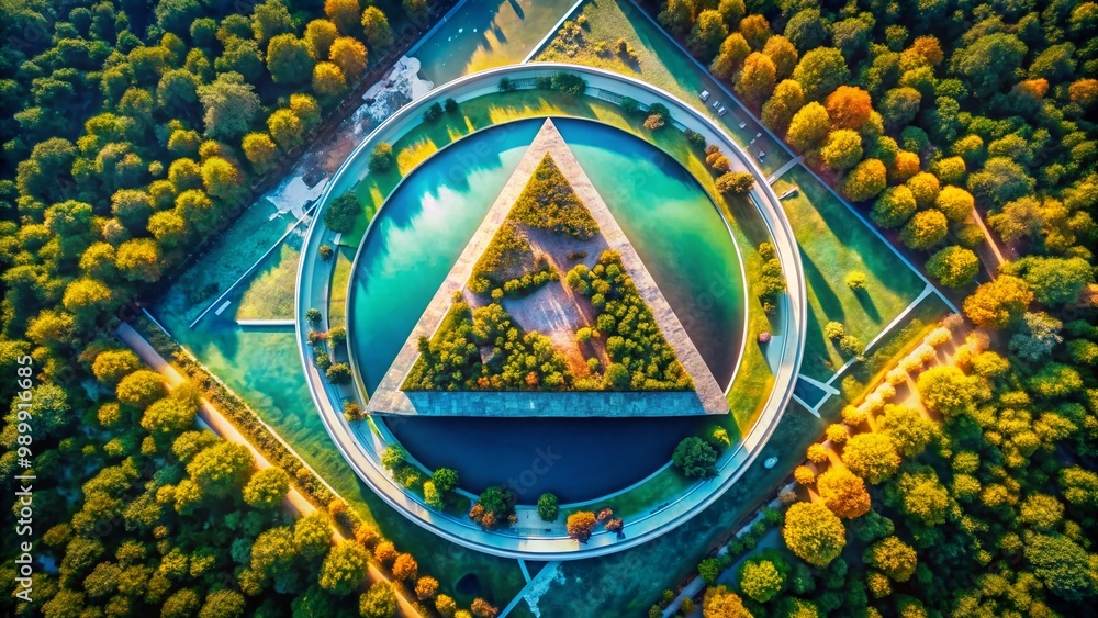 Poster geometric design featuring a triangle enclosed by a circular shape on a minimalist background