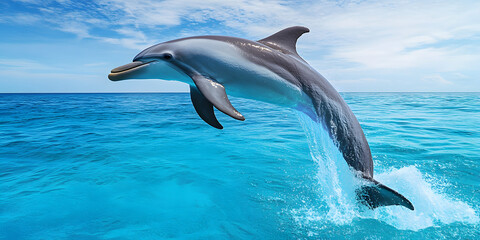 Fototapeta premium Dolphin gracefully leaping above clear blue water