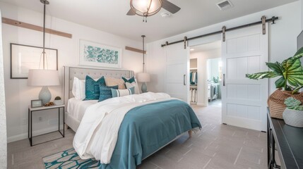 bedroom interior with white walls large bed staged with aqua and blue colors view to bathroom and barn door a walk in closet carpeted room interior