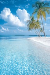 Naklejka premium two palm trees beach body deep white azure blue low professional level borders foamy waves shaded perfect refreshing color